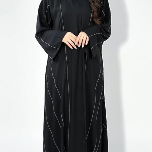 Black open abaya with light contrast piping curving down the front and along the wide sleeves