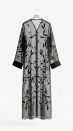Black chiffon abaya with embroidered leaf vines, back view