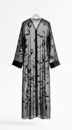 Black chiffon abaya with embroidered leaf vines, front view