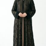 Sheer black chiffon open abaya with embroidered leafy vines, black front trim and wide solid cuffs