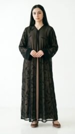 Sheer black chiffon open abaya with embroidered leafy vines, black front trim and wide solid cuffs