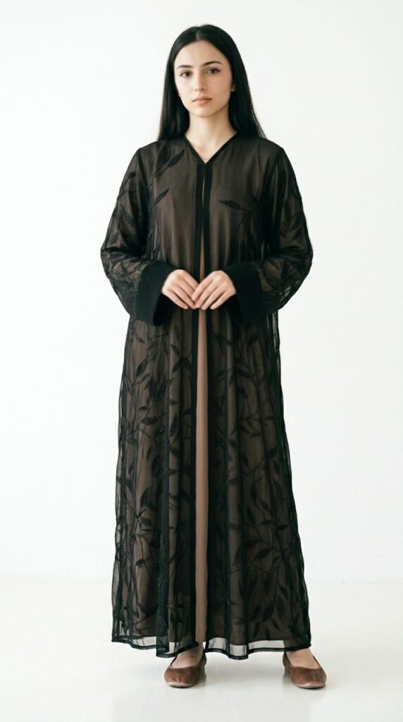 Sheer black chiffon open abaya with embroidered leafy vines, black front trim and wide solid cuffs