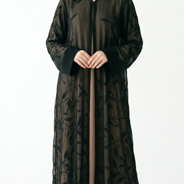 Sheer black chiffon open abaya with embroidered leafy vines, black front trim and wide solid cuffs