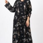Black open abaya with V-neckline, silver-grey and bronze floral print and long cuffed sleeves