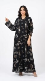 Black open abaya with V-neckline, silver-grey and bronze floral print and long cuffed sleeves