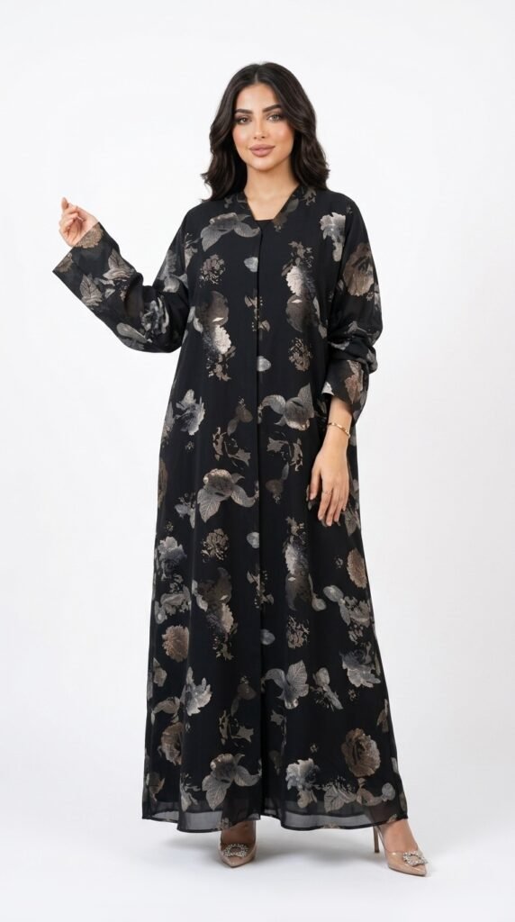 Black open abaya with V-neckline, silver-grey and bronze floral print and long cuffed sleeves