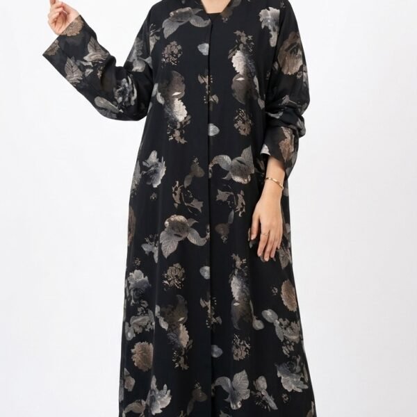 Black open abaya with V-neckline, silver-grey and bronze floral print and long cuffed sleeves