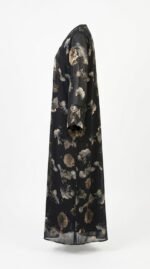 Black floral print abaya, side view showing the sheer hem