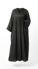 Black striped satin open abaya, front view