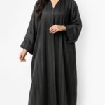 Black open-front satin abaya with fine silver-thread stripes, V-neckline and wide turned-up cuffs