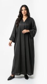 Black open-front satin abaya with fine silver-thread stripes, V-neckline and wide turned-up cuffs