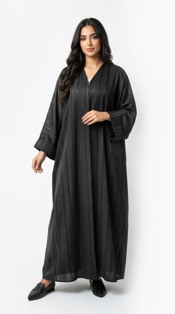 Black open-front satin abaya with fine silver-thread stripes, V-neckline and wide turned-up cuffs