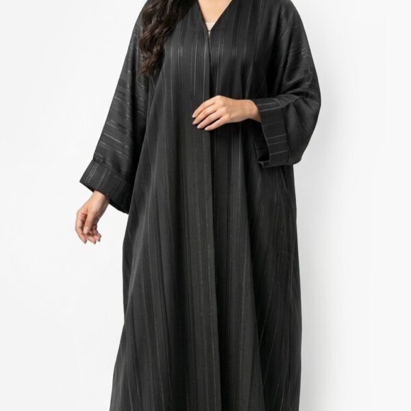 Black open-front satin abaya with fine silver-thread stripes, V-neckline and wide turned-up cuffs
