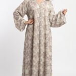 Lilac and cream watercolour floral abaya with V-neckline, front placket and wide cuffed sleeves