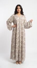 Lilac and cream watercolour floral abaya with V-neckline, front placket and wide cuffed sleeves