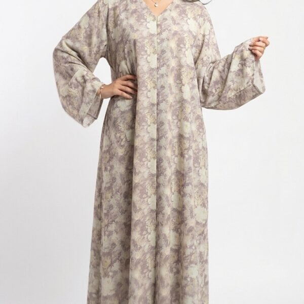 Lilac and cream watercolour floral abaya with V-neckline, front placket and wide cuffed sleeves