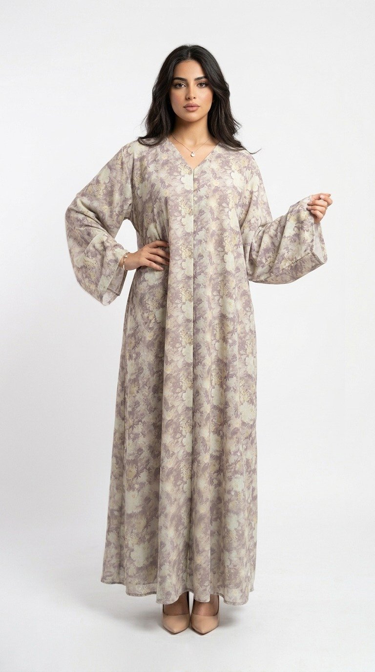 Lilac and cream watercolour floral abaya with V-neckline, front placket and wide cuffed sleeves
