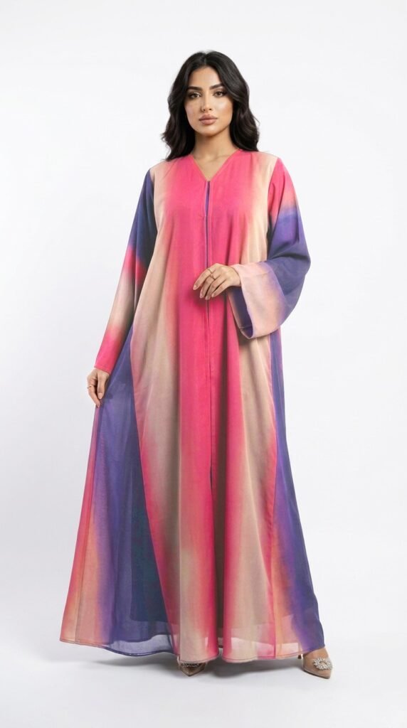 Chiffon abaya with a pink, peach and purple ombré, V-neckline and wide sleeves
