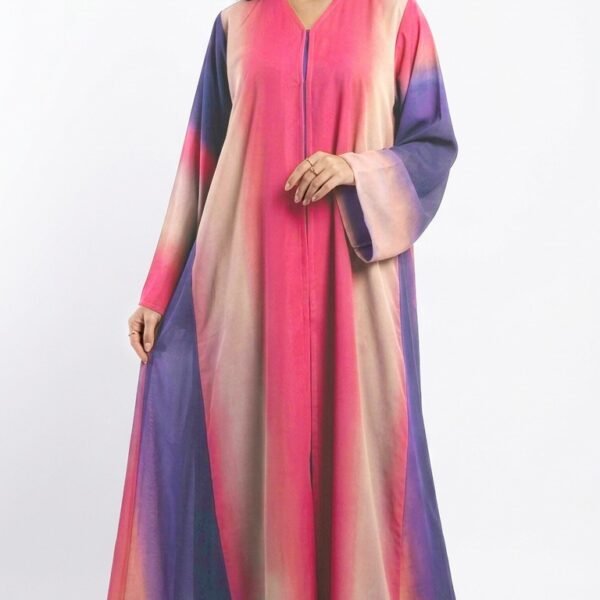Chiffon abaya with a pink, peach and purple ombré, V-neckline and wide sleeves