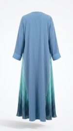 Blue nida abaya with teal pleated side panels, back view