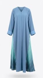 Blue nida abaya with teal ombre pleated side panels, front view