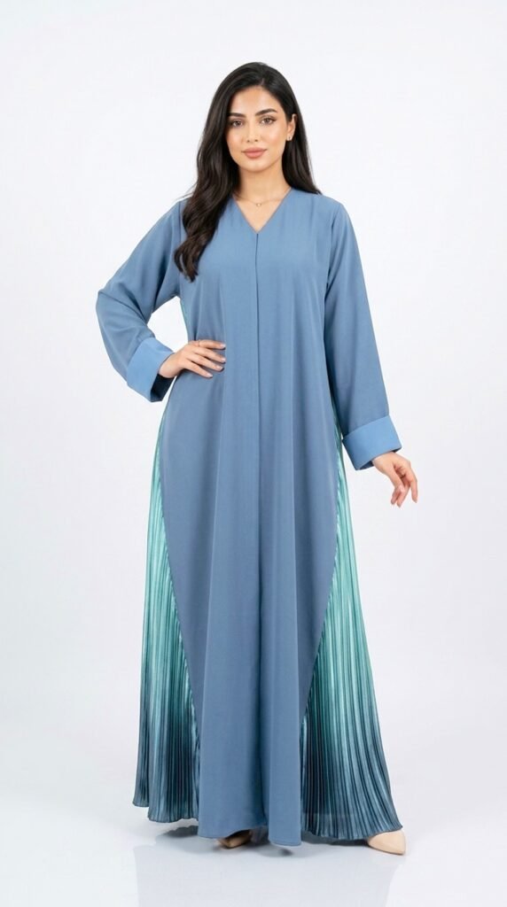 Blue nida abaya with V-neckline, turned-up cuffs and teal pleated side panels