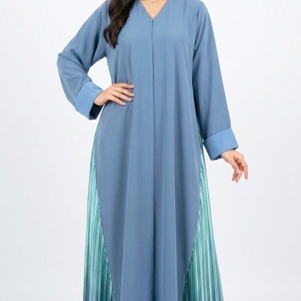 Blue nida abaya with V-neckline, turned-up cuffs and teal pleated side panels