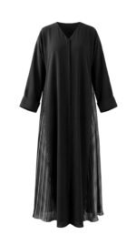 Black side-pleated nida abaya, front view